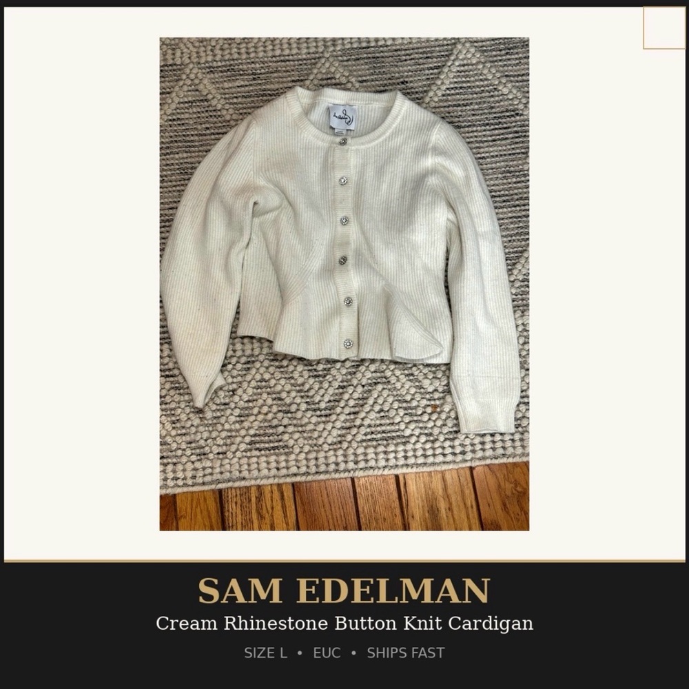 Sam Edelman Cream Rhinestone Button Ribbed Knit Cardigan Size L | - Picture 2 of 4